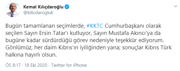 CHP Lideri Kılıçdaroğlu'ndan Ersin Tatar'a tebrik - Resim : 1