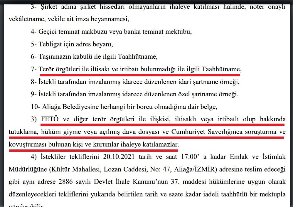 Aliağa Belediyesi’nin son arsa satışı ilanında ise söz konusu şarta yer verilmedi