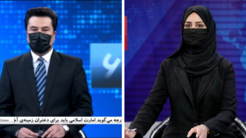 Taliban'ın peçe zorunluluğuna karşı erkek sunuculardan kadın meslektaşlarına destek