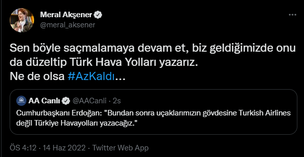 Meral Akşener'den, 'Uçaklarımıza Turkish Airlines yerine Türkiye Hava Yolları yazacağız' diyen Erdoğan'a yanıt: Böyle saçmalamaya devam et... - Resim : 1