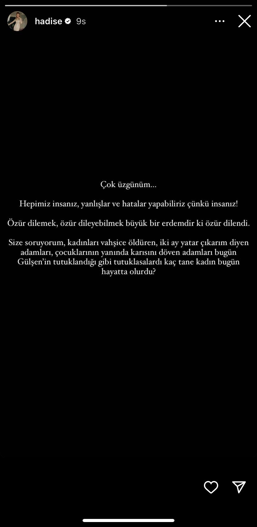 Hadise'den Gülşen'e destek: Kadınları öldüren adamları böyle tutuklasalar bugün kaç kadın hayatta olurdu? - Resim : 1