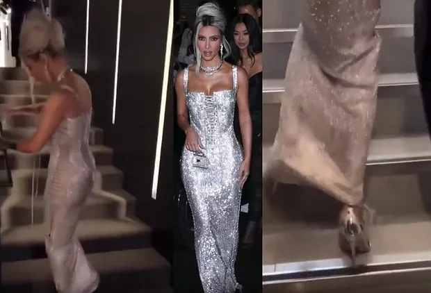 Kim Kardashian dar elbisesiyle adım atamayınca merdivenleri zıplayarak çıktı